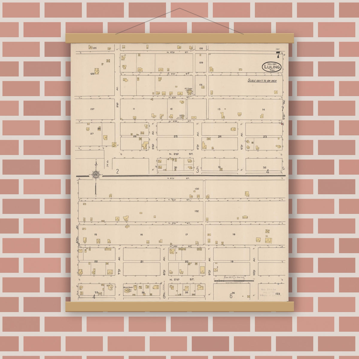 Old map wall art mockup — magnetic wood frame on brick wall — Sanborn Fire Insurance Map from Luling, Caldwell County, Texas (1921), Sheet #0007