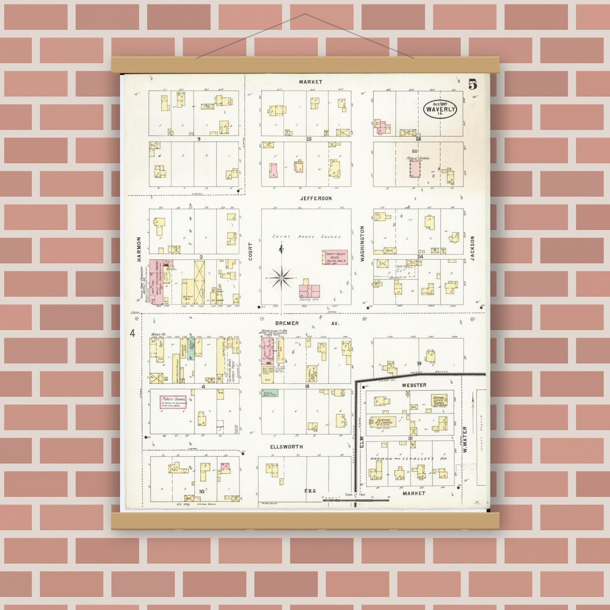 Old map wall art mockup — magnetic wood frame on brick wall — Sanborn Fire Insurance Map from Waverly, Bremer County, Iowa (1897), Sheet #0005