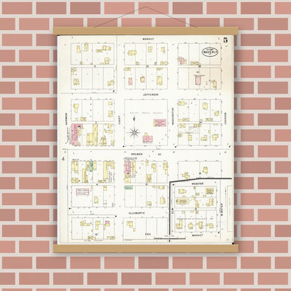 Old map wall art mockup — magnetic wood frame on brick wall — Sanborn Fire Insurance Map from Waverly, Bremer County, Iowa (1897), Sheet #0005
