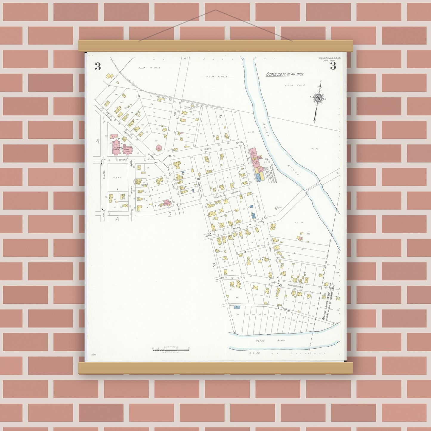 Old map wall art mockup — magnetic wood frame on brick wall — Sanborn Fire Insurance Map from Monroeville, Huron County, Ohio (1939), Sheet #0003