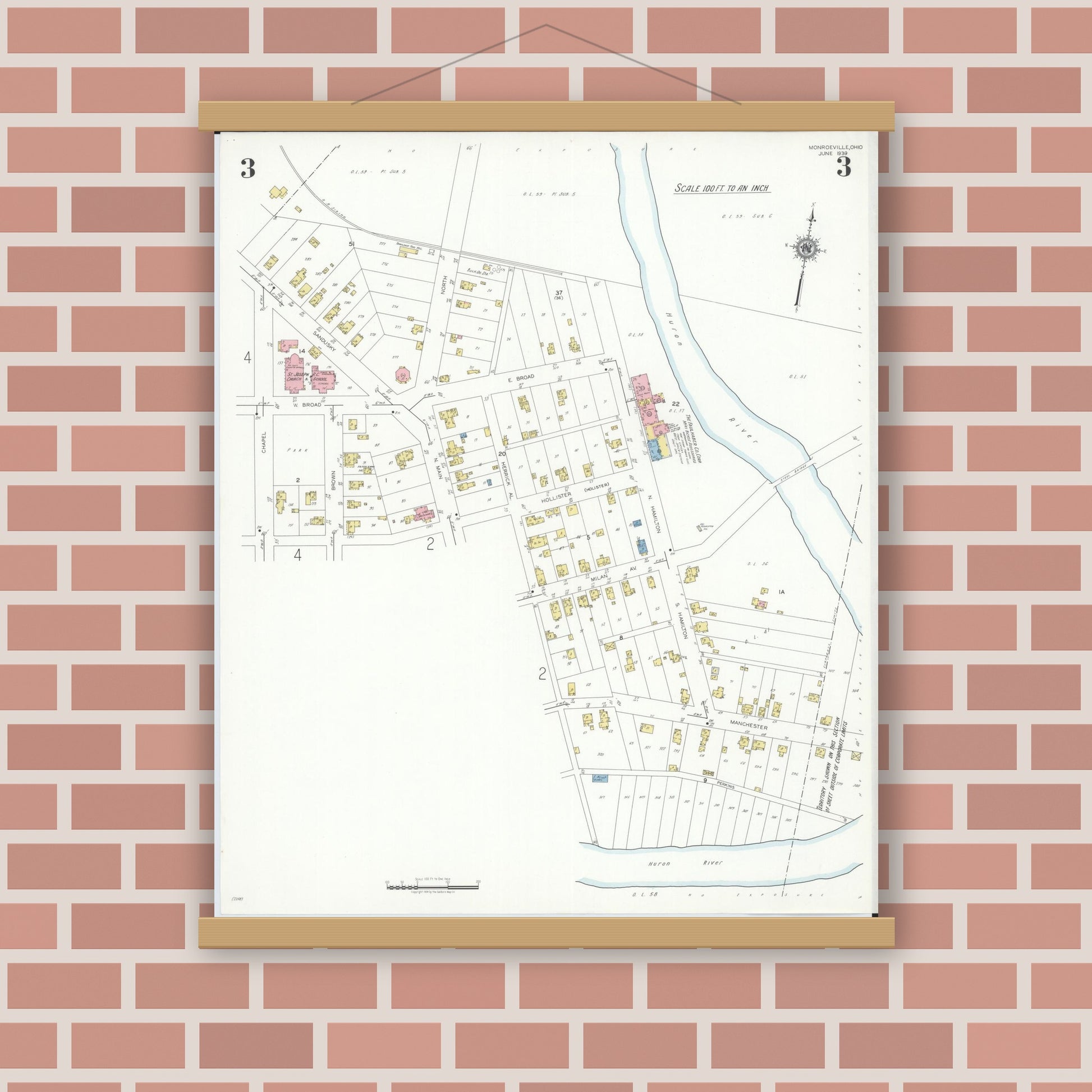 Old map wall art mockup — magnetic wood frame on brick wall — Sanborn Fire Insurance Map from Monroeville, Huron County, Ohio (1939), Sheet #0003
