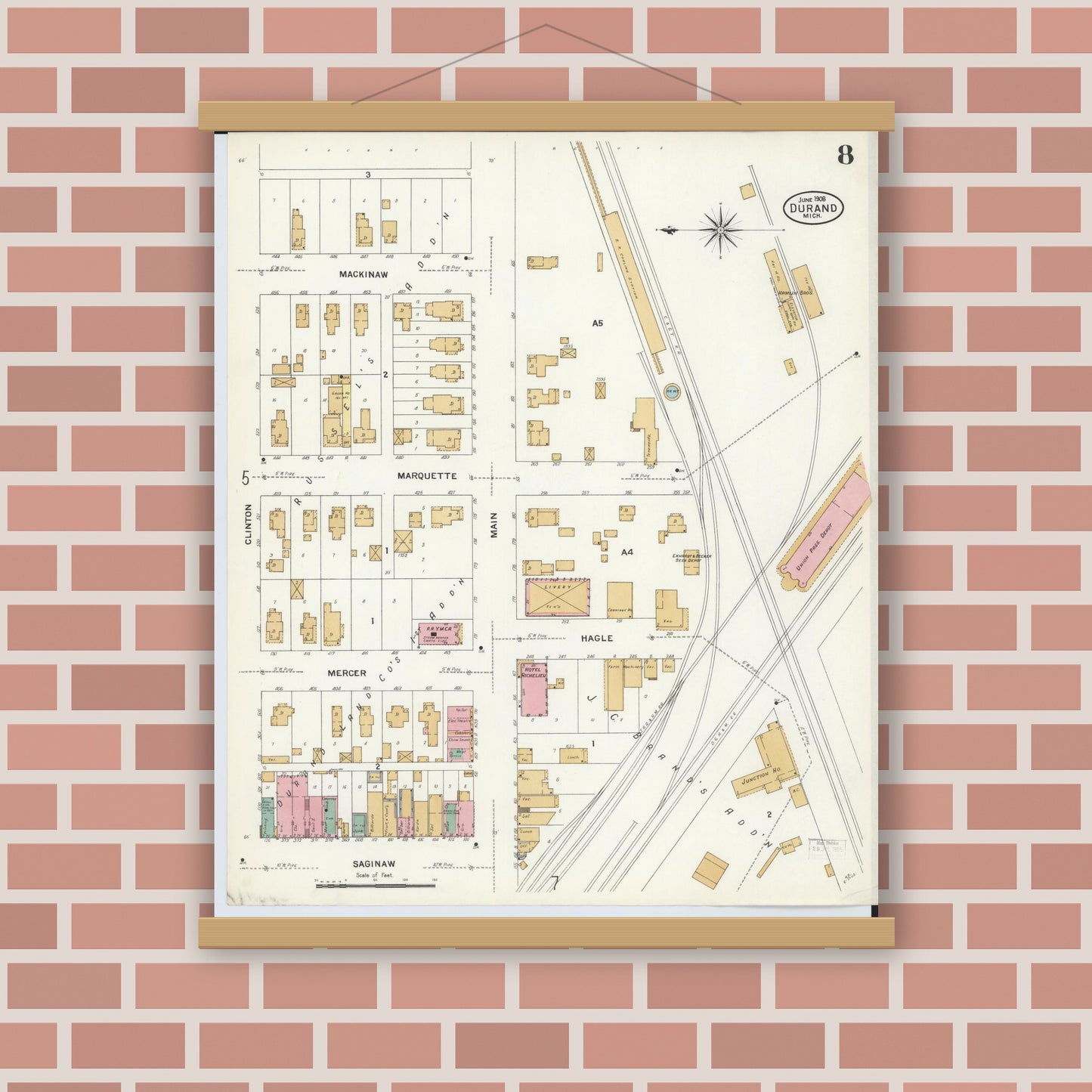 Old map wall art mockup — magnetic wood frame on brick wall — Sanborn Fire Insurance Map from Durand, Shiawassee County, Michigan (1908), Sheet #0008