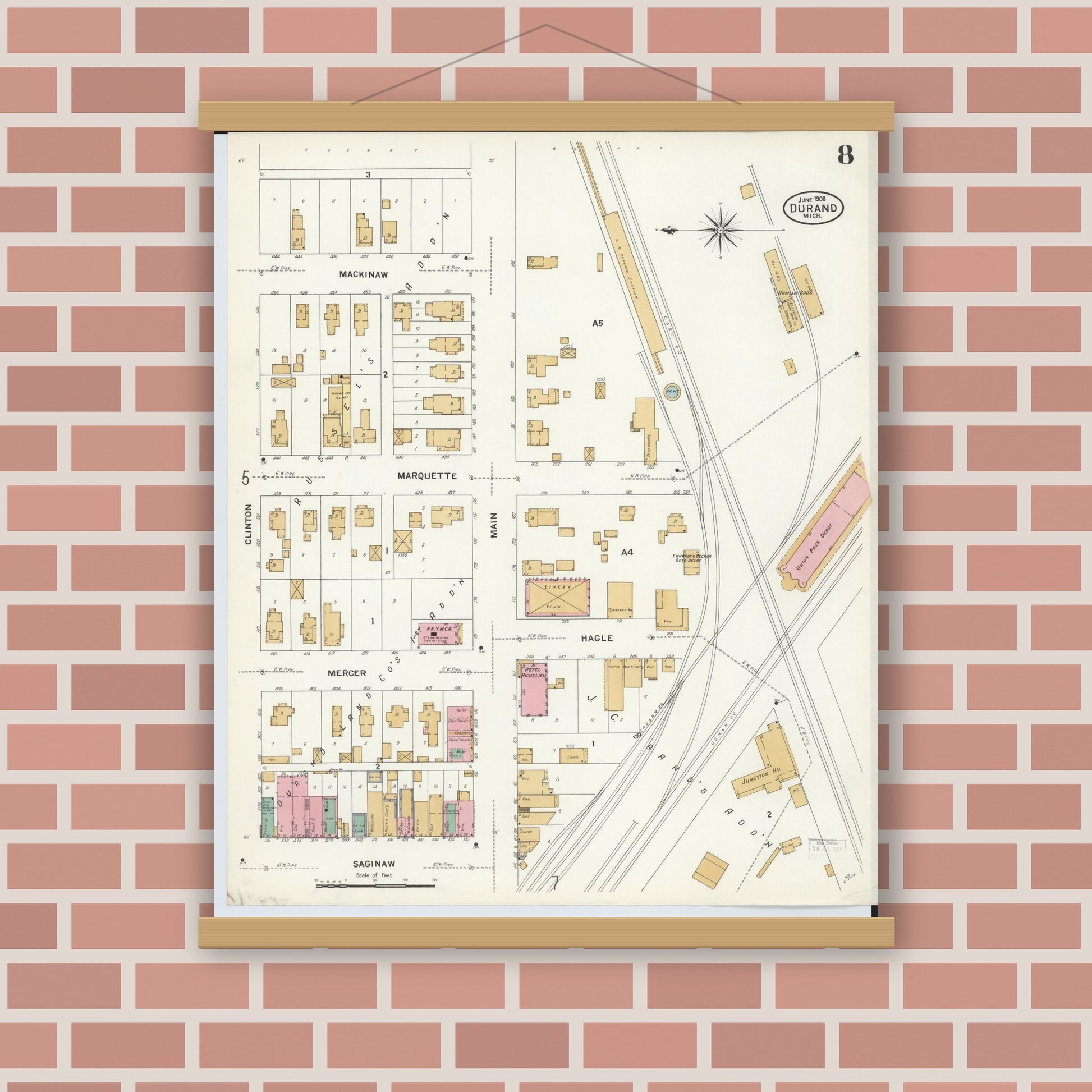 Old map wall art mockup — magnetic wood frame on brick wall — Sanborn Fire Insurance Map from Durand, Shiawassee County, Michigan (1908), Sheet #0008