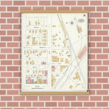 Old map wall art mockup — magnetic wood frame on brick wall — Sanborn Fire Insurance Map from Durand, Shiawassee County, Michigan (1908), Sheet #0008