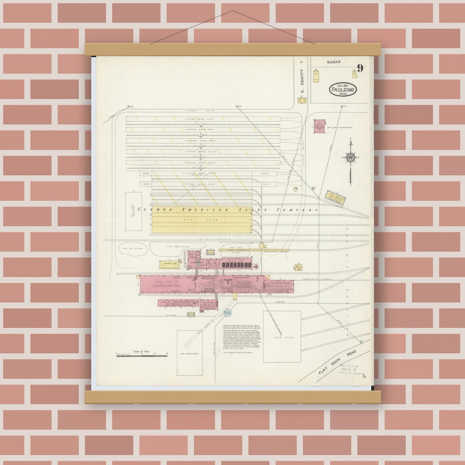 Old map wall art mockup — magnetic wood frame on brick wall — Sanborn Fire Insurance Map from Paulding, Paulding County, Ohio (1913), Sheet #0009