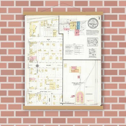 Old map wall art mockup — magnetic wood frame on brick wall — Sanborn Fire Insurance Map from Postville, Allamakee County, Iowa (1913), Sheet #0001