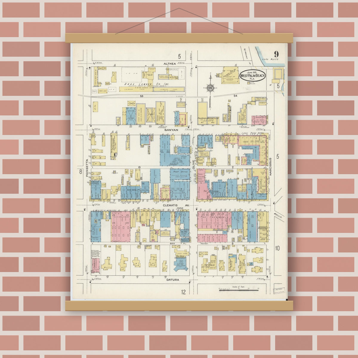 Old map wall art mockup — magnetic wood frame on brick wall — Sanborn Fire Insurance Map from West Palm Beach, Dade County, Florida (1915), Sheet #0009