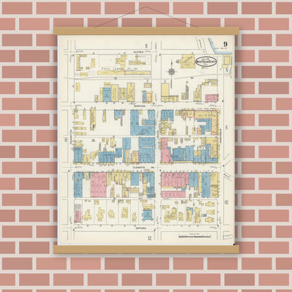 Old map wall art mockup — magnetic wood frame on brick wall — Sanborn Fire Insurance Map from West Palm Beach, Dade County, Florida (1915), Sheet #0009