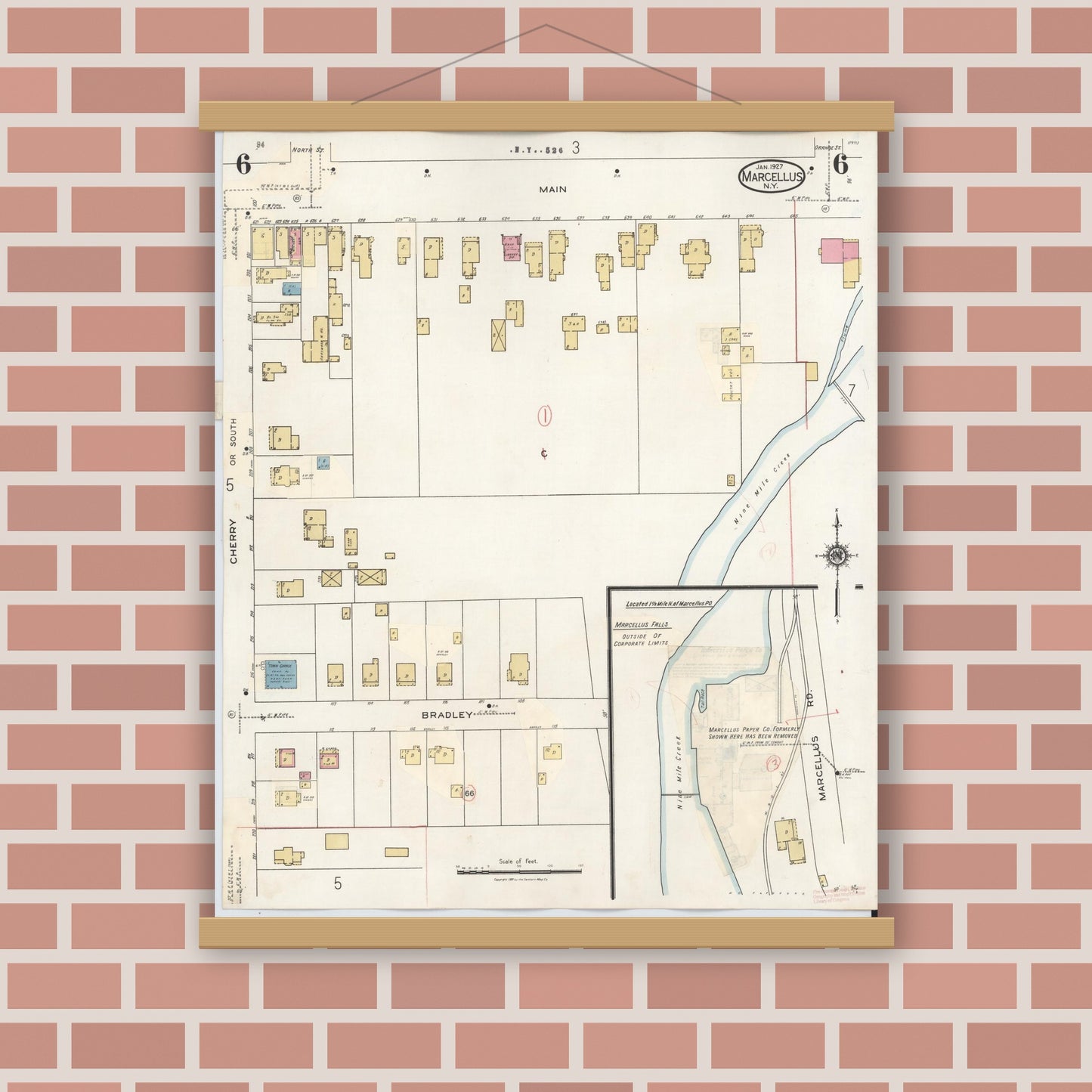Old map wall art mockup — magnetic wood frame on brick wall — Sanborn Fire Insurance Map from Marcellus, Onondaga County, New York (1937), Sheet #0006