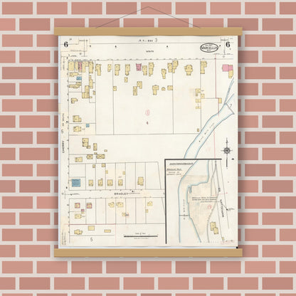 Old map wall art mockup — magnetic wood frame on brick wall — Sanborn Fire Insurance Map from Marcellus, Onondaga County, New York (1937), Sheet #0006