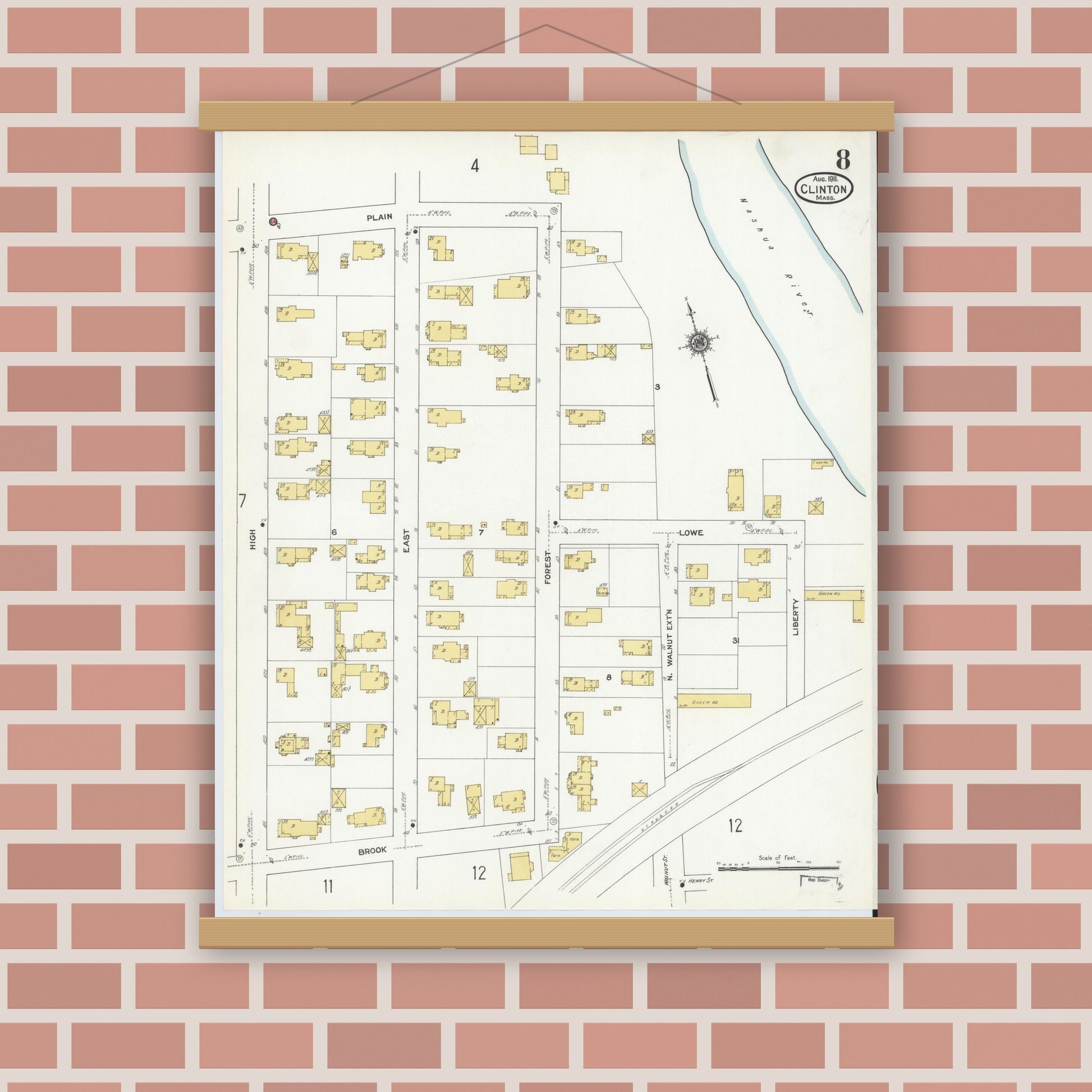 Old map wall art mockup — magnetic wood frame on brick wall — Sanborn Fire Insurance Map from Clinton, Worcester County, Massachusetts (1911), Sheet #0008