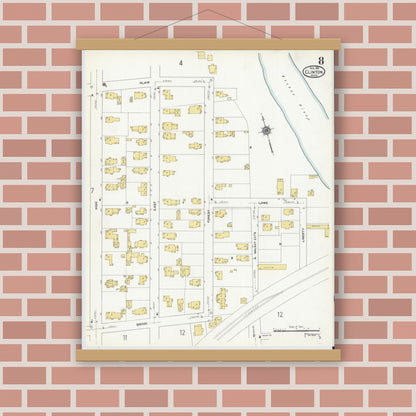 Old map wall art mockup — magnetic wood frame on brick wall — Sanborn Fire Insurance Map from Clinton, Worcester County, Massachusetts (1911), Sheet #0008