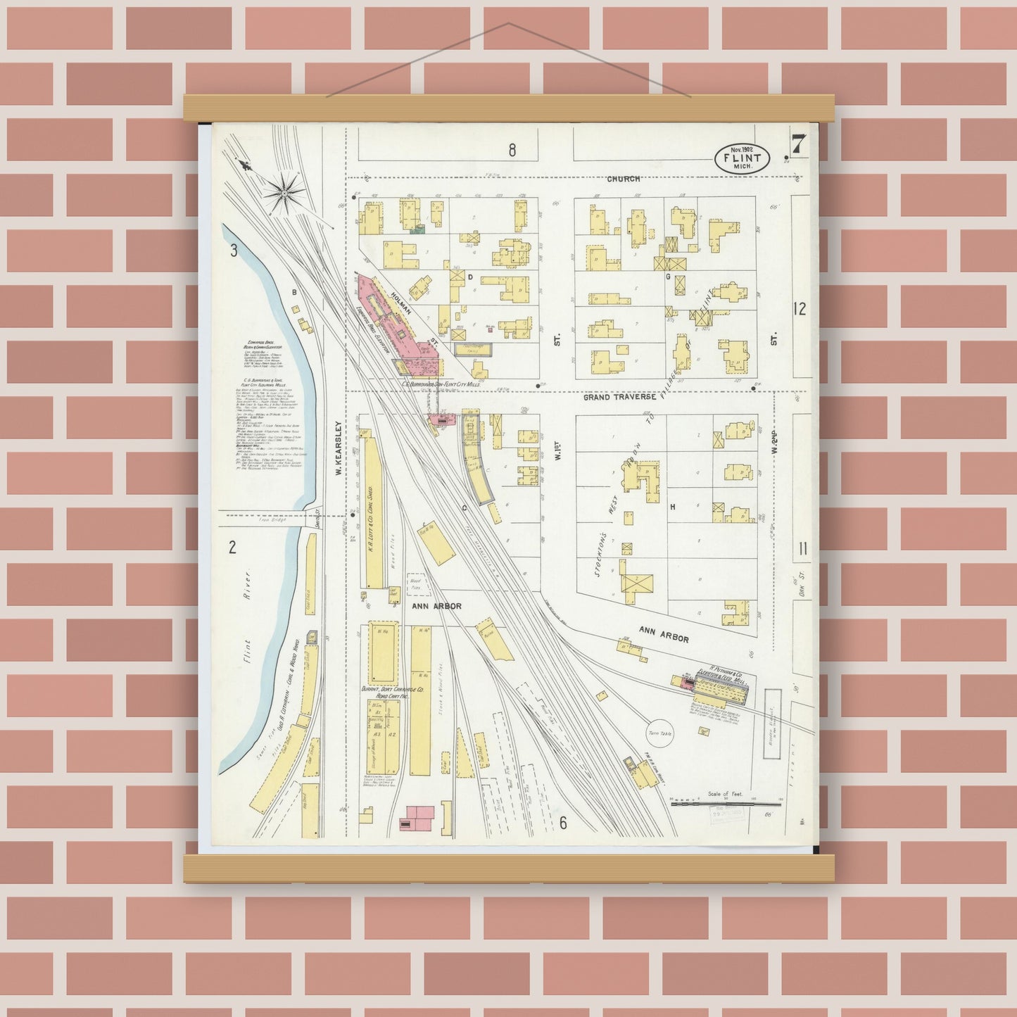 Old map wall art mockup — magnetic wood frame on brick wall — Sanborn Fire Insurance Map from Flint, Genesee County, Michigan (1902), Sheet #0007