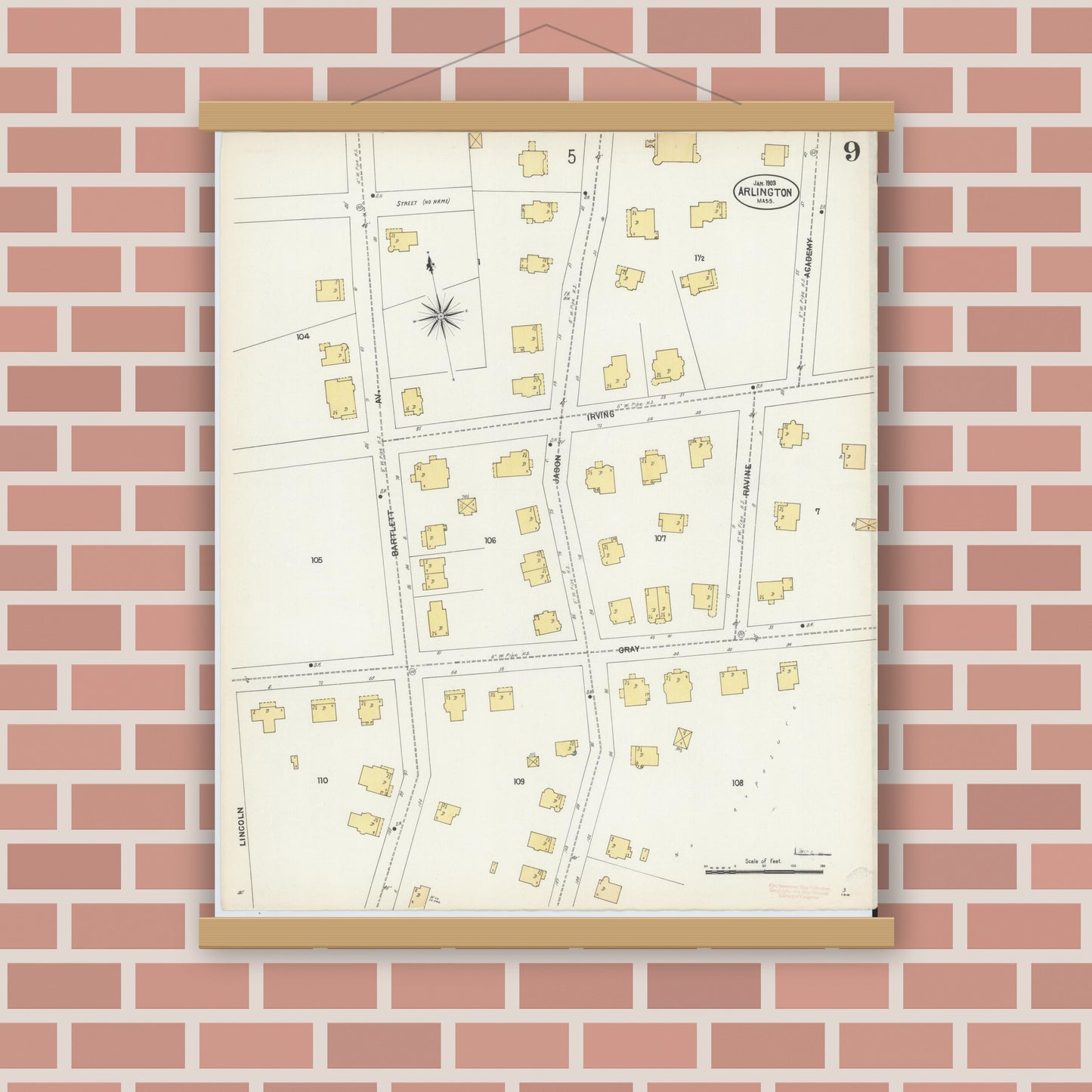 Old map wall art mockup — magnetic wood frame on brick wall — Sanborn Fire Insurance Map from Arlington, Middlesex County, Massachusetts (1903), Sheet #0009