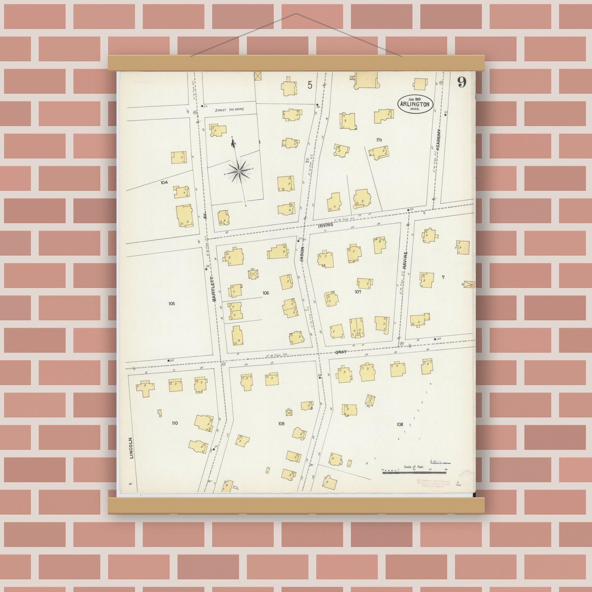 Old map wall art mockup — magnetic wood frame on brick wall — Sanborn Fire Insurance Map from Arlington, Middlesex County, Massachusetts (1903), Sheet #0009