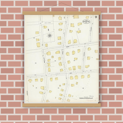Old map wall art mockup — magnetic wood frame on brick wall — Sanborn Fire Insurance Map from Arlington, Middlesex County, Massachusetts (1903), Sheet #0009