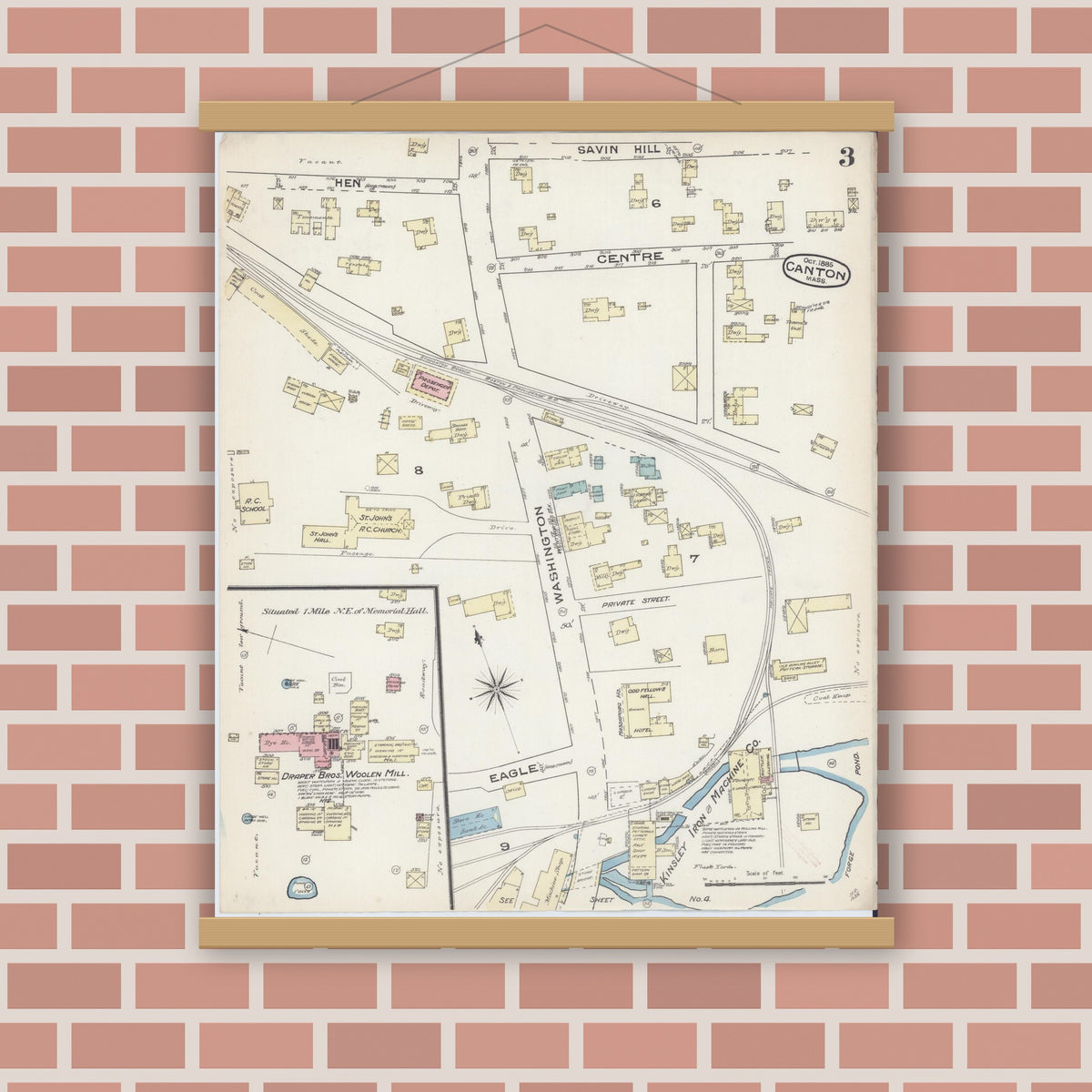 Old map wall art mockup — magnetic wood frame on brick wall — Sanborn Fire Insurance Map from Canton, Norfolk County, Massachusetts (1885), Sheet #0003