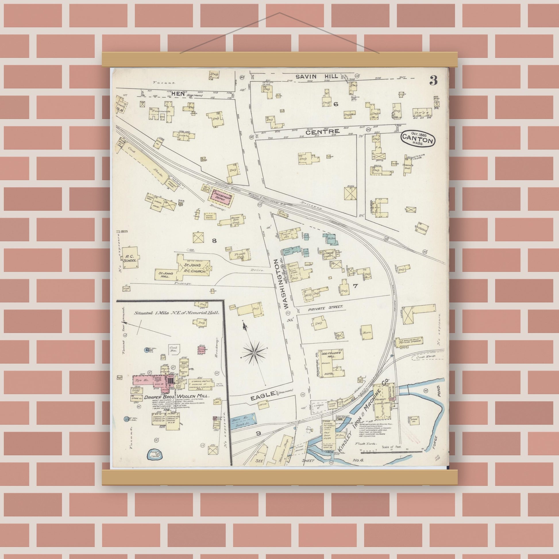 Old map wall art mockup — magnetic wood frame on brick wall — Sanborn Fire Insurance Map from Canton, Norfolk County, Massachusetts (1885), Sheet #0003