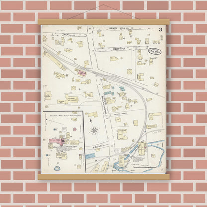 Old map wall art mockup — magnetic wood frame on brick wall — Sanborn Fire Insurance Map from Canton, Norfolk County, Massachusetts (1885), Sheet #0003