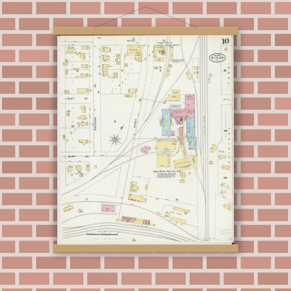 Old map wall art mockup — magnetic wood frame on brick wall — Sanborn Fire Insurance Map from Dixon, Lee County, Illinois (1897), Sheet #0010