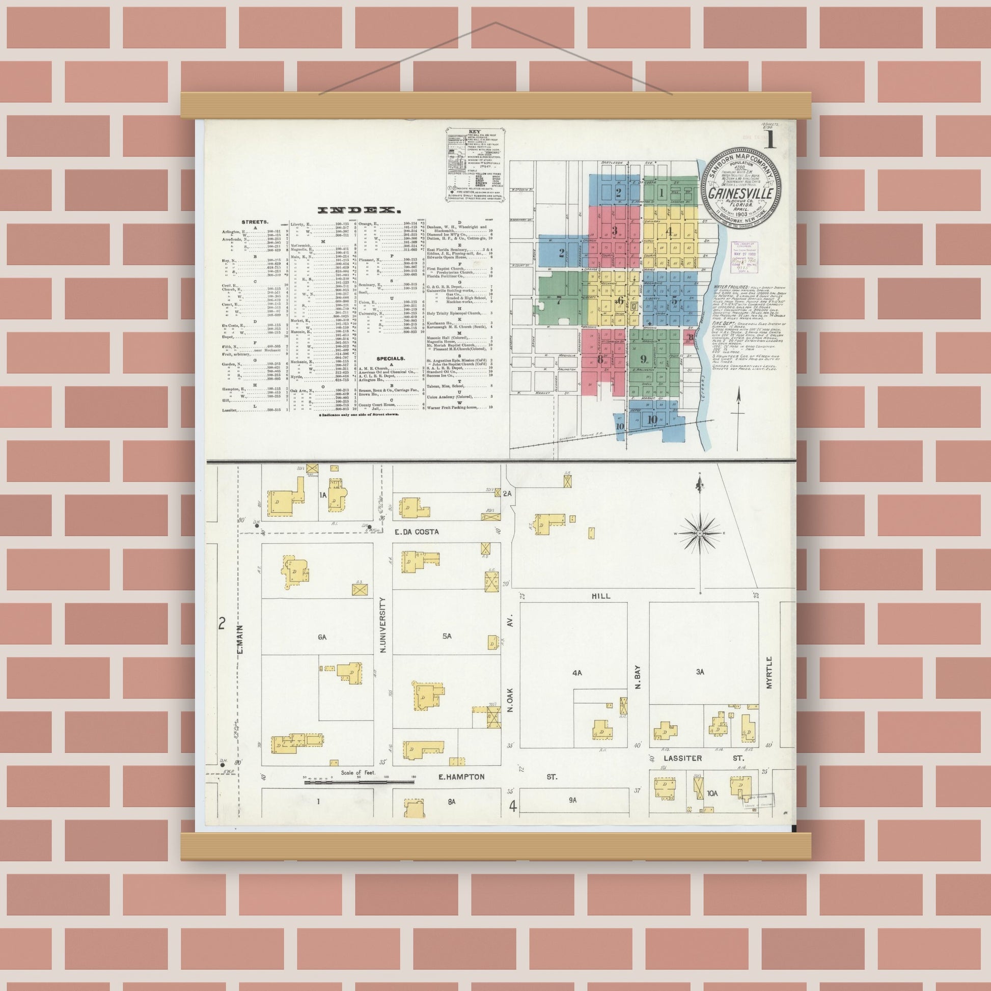 Old map wall art mockup — magnetic wood frame on brick wall — Sanborn Fire Insurance Map from Gainesville, Alachua County, Florida (1903) - Complete Map Set