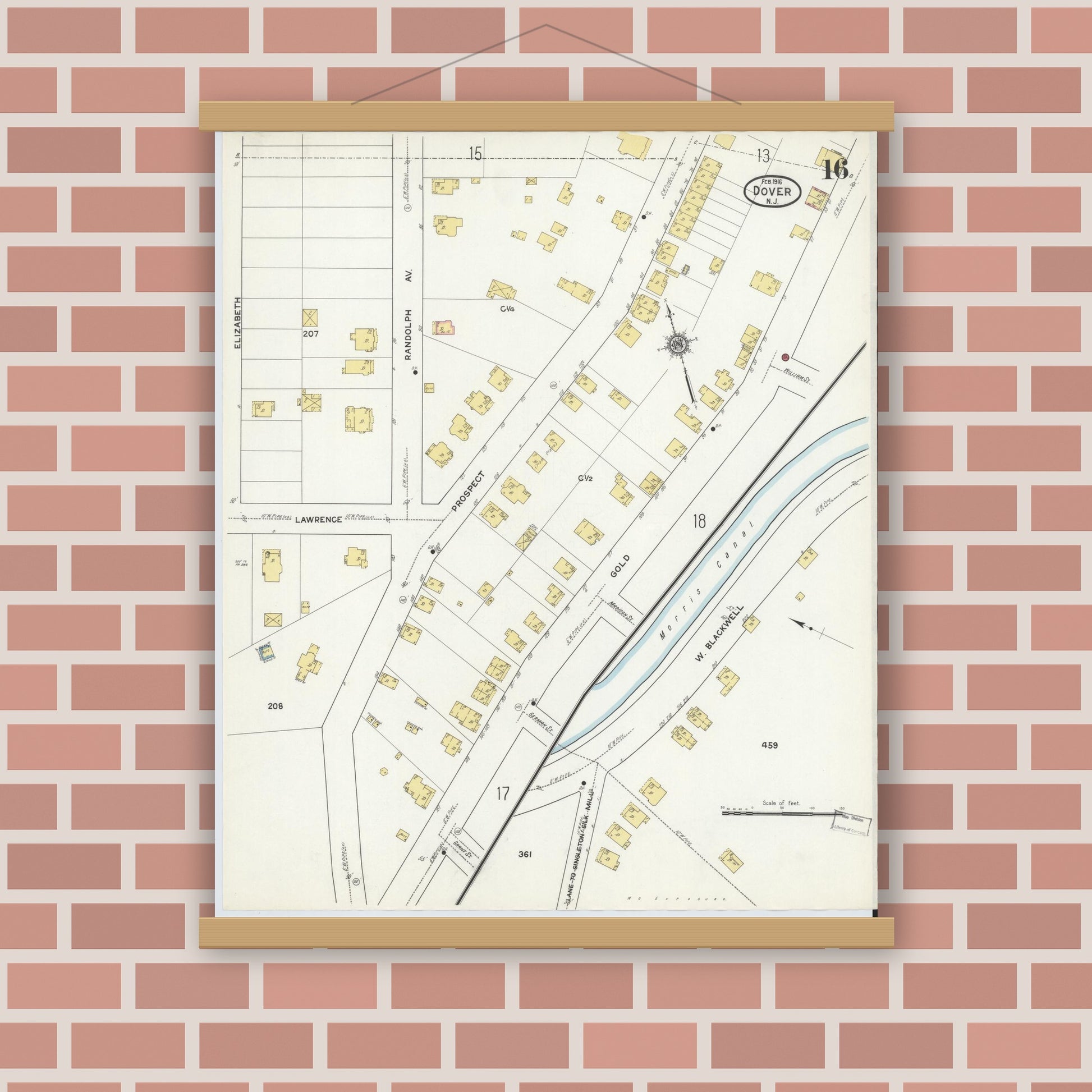 Old map wall art mockup — magnetic wood frame on brick wall — Sanborn Fire Insurance Map from Dover, Morris County, New Jersey (1916), Sheet #0016