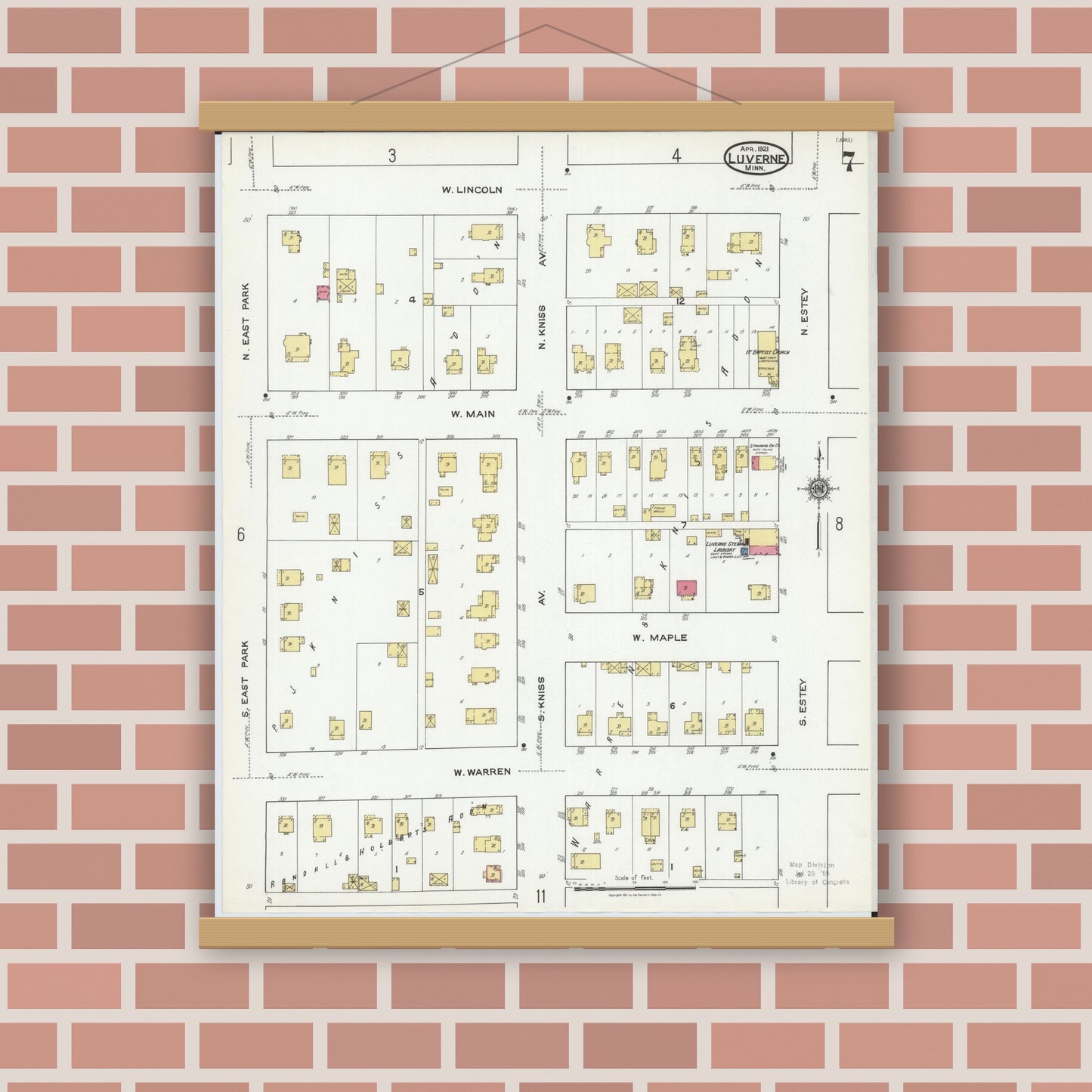 Old map wall art mockup — magnetic wood frame on brick wall — Sanborn Fire Insurance Map from Luverne, Rock County, Minnesota (1921), Sheet #0007