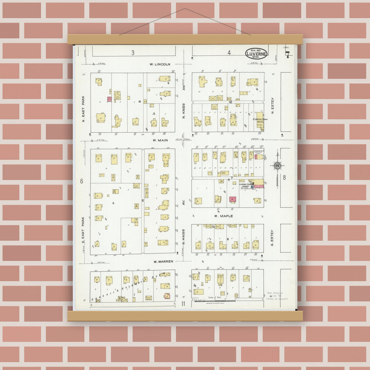 Old map wall art mockup — magnetic wood frame on brick wall — Sanborn Fire Insurance Map from Luverne, Rock County, Minnesota (1921), Sheet #0007