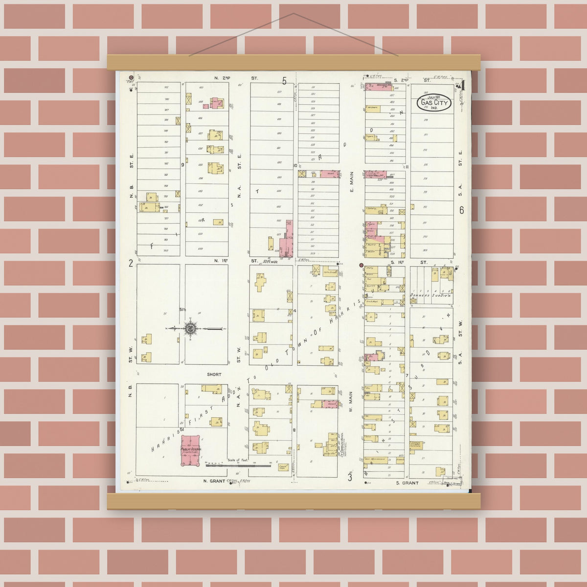 Old map wall art mockup — magnetic wood frame on brick wall — Sanborn Fire Insurance Map from Gas City, Grant County, Indiana (1911), Sheet #0004