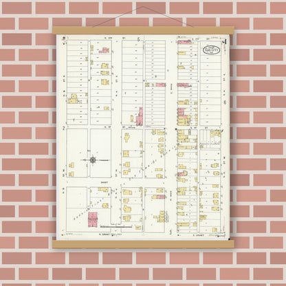 Old map wall art mockup — magnetic wood frame on brick wall — Sanborn Fire Insurance Map from Gas City, Grant County, Indiana (1911), Sheet #0004