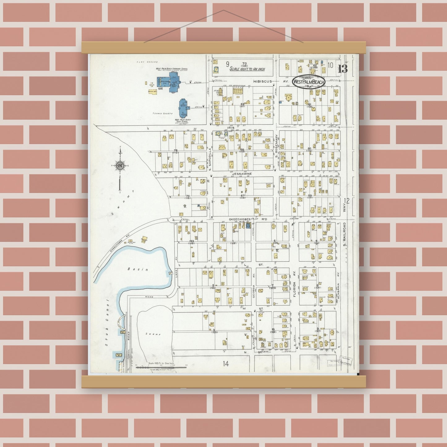 Old map wall art mockup — magnetic wood frame on brick wall — Sanborn Fire Insurance Map from West Palm Beach, Dade County, Florida (1920), Sheet #0013