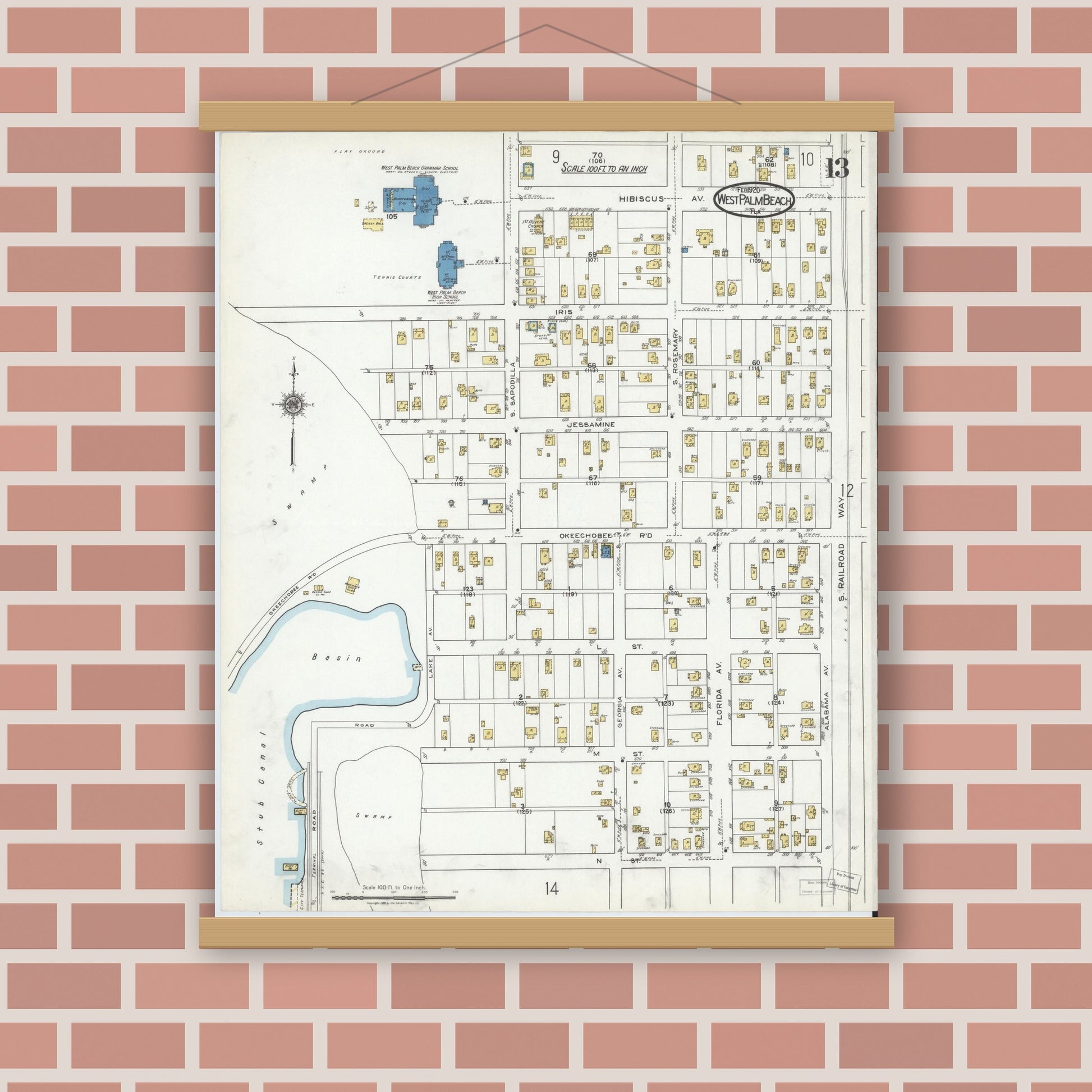 Old map wall art mockup — magnetic wood frame on brick wall — Sanborn Fire Insurance Map from West Palm Beach, Dade County, Florida (1920), Sheet #0013