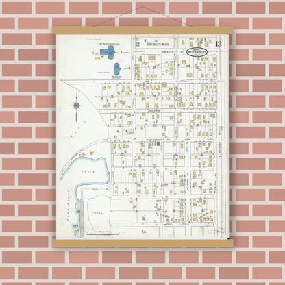 Old map wall art mockup — magnetic wood frame on brick wall — Sanborn Fire Insurance Map from West Palm Beach, Dade County, Florida (1920), Sheet #0013