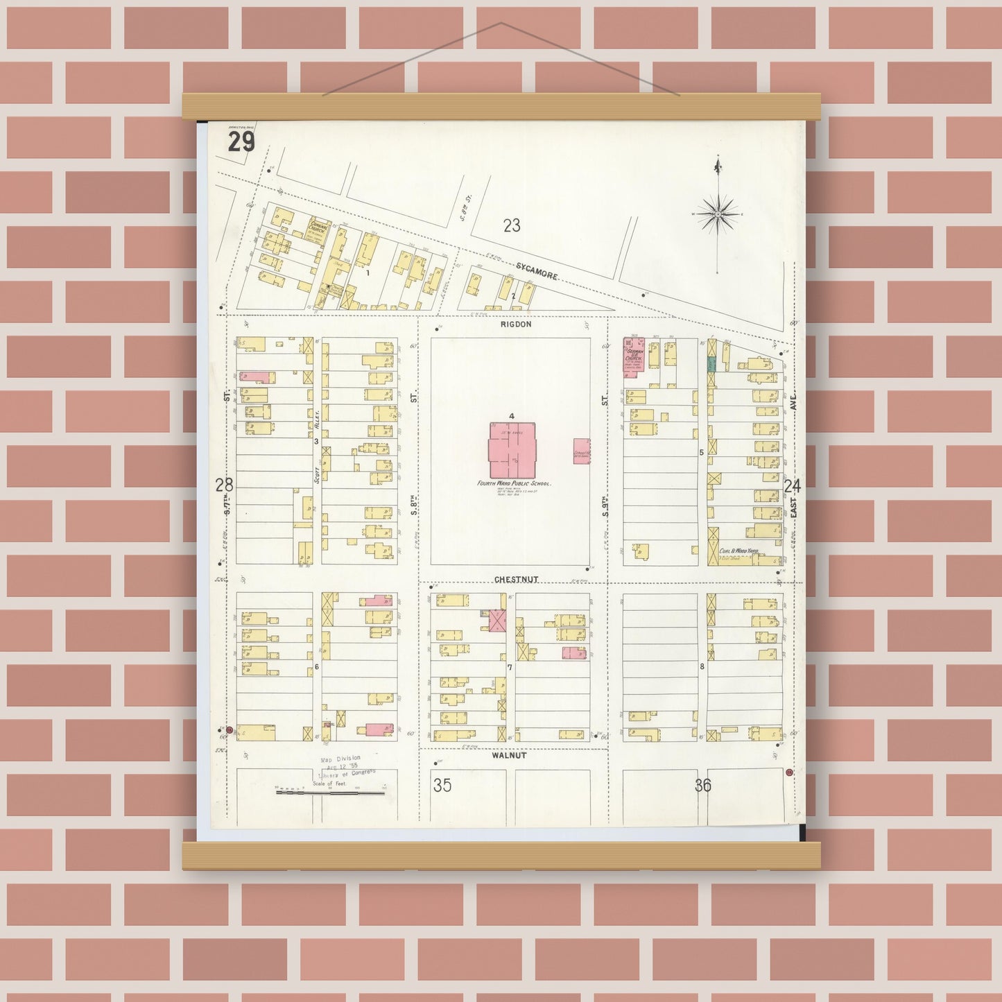 Old map wall art mockup — magnetic wood frame on brick wall — Sanborn Fire Insurance Map from Hamilton, Butler County, Ohio (1899), Sheet #0029