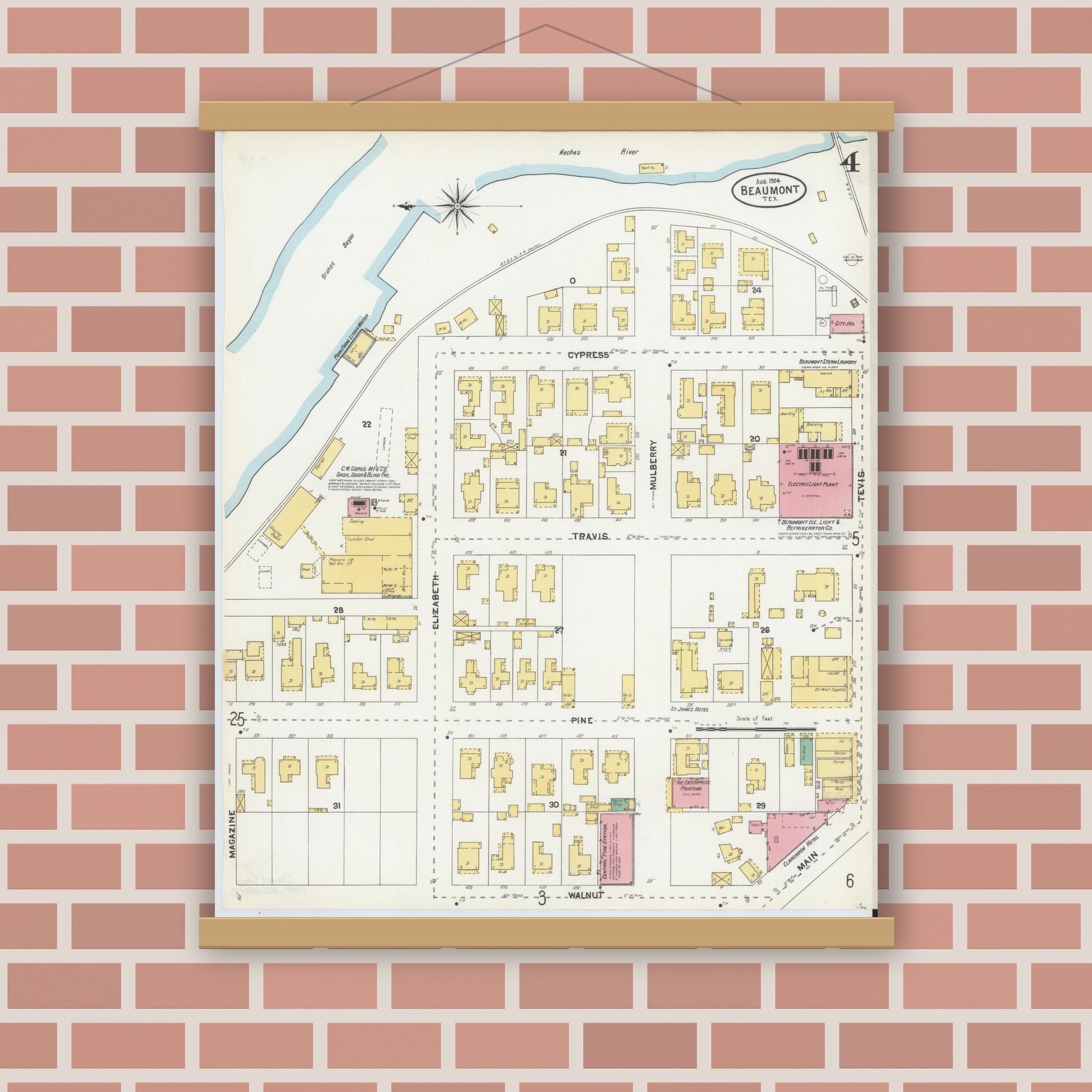 Old map wall art mockup — magnetic wood frame on brick wall — Sanborn Fire Insurance Map from Beaumont, Jefferson County, Texas (1904), Sheet #0004
