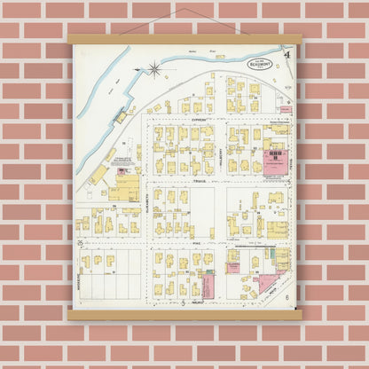 Old map wall art mockup — magnetic wood frame on brick wall — Sanborn Fire Insurance Map from Beaumont, Jefferson County, Texas (1904), Sheet #0004