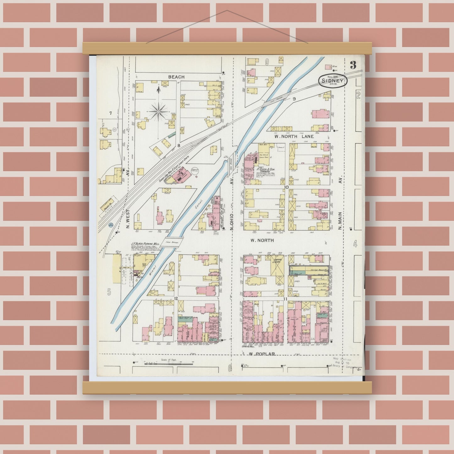 Old map wall art mockup — magnetic wood frame on brick wall — Sanborn Fire Insurance Map from Sidney, Shelby County, Ohio (1892), Sheet #0003
