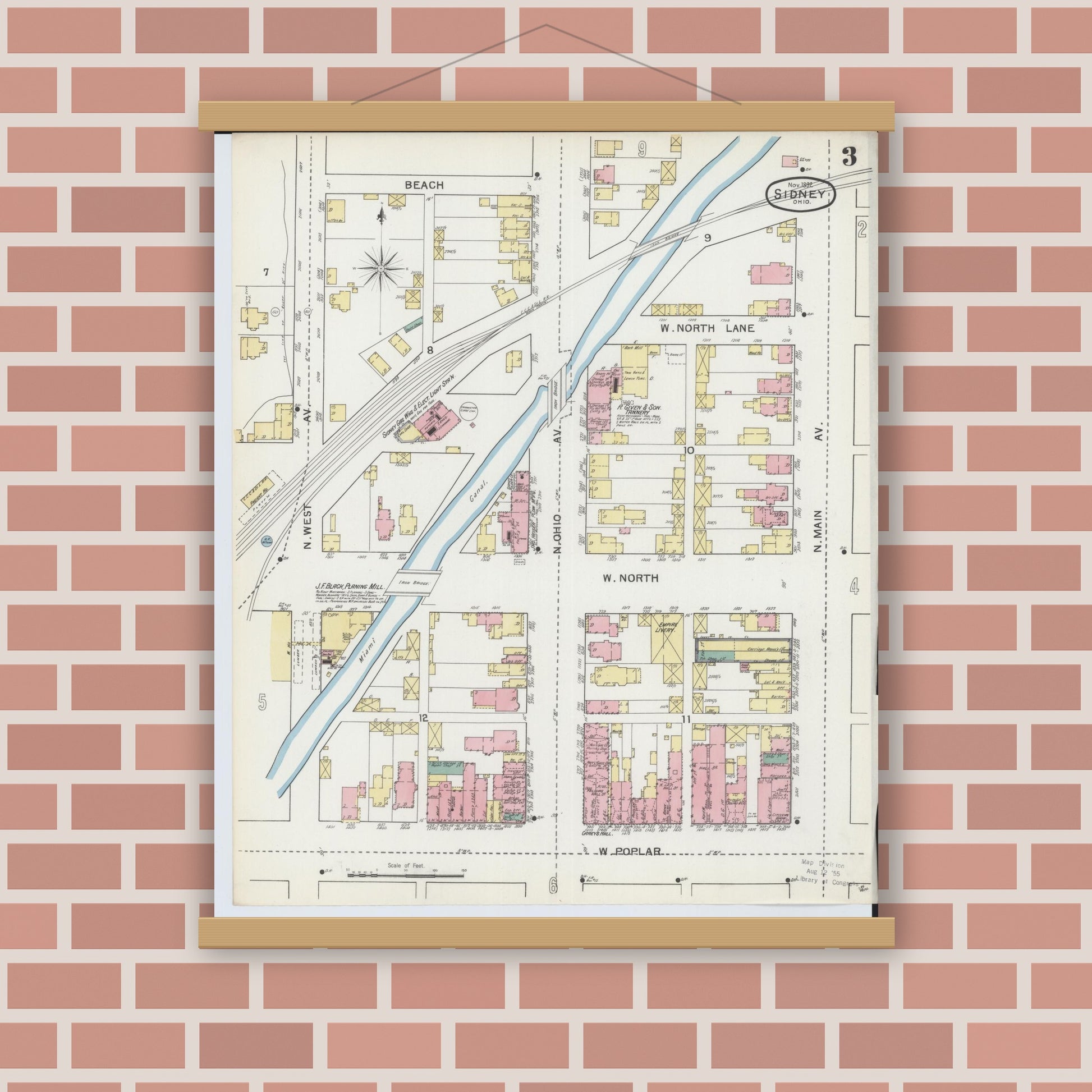 Old map wall art mockup — magnetic wood frame on brick wall — Sanborn Fire Insurance Map from Sidney, Shelby County, Ohio (1892), Sheet #0003