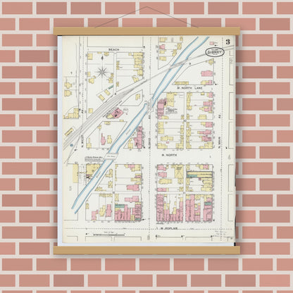 Old map wall art mockup — magnetic wood frame on brick wall — Sanborn Fire Insurance Map from Sidney, Shelby County, Ohio (1892), Sheet #0003