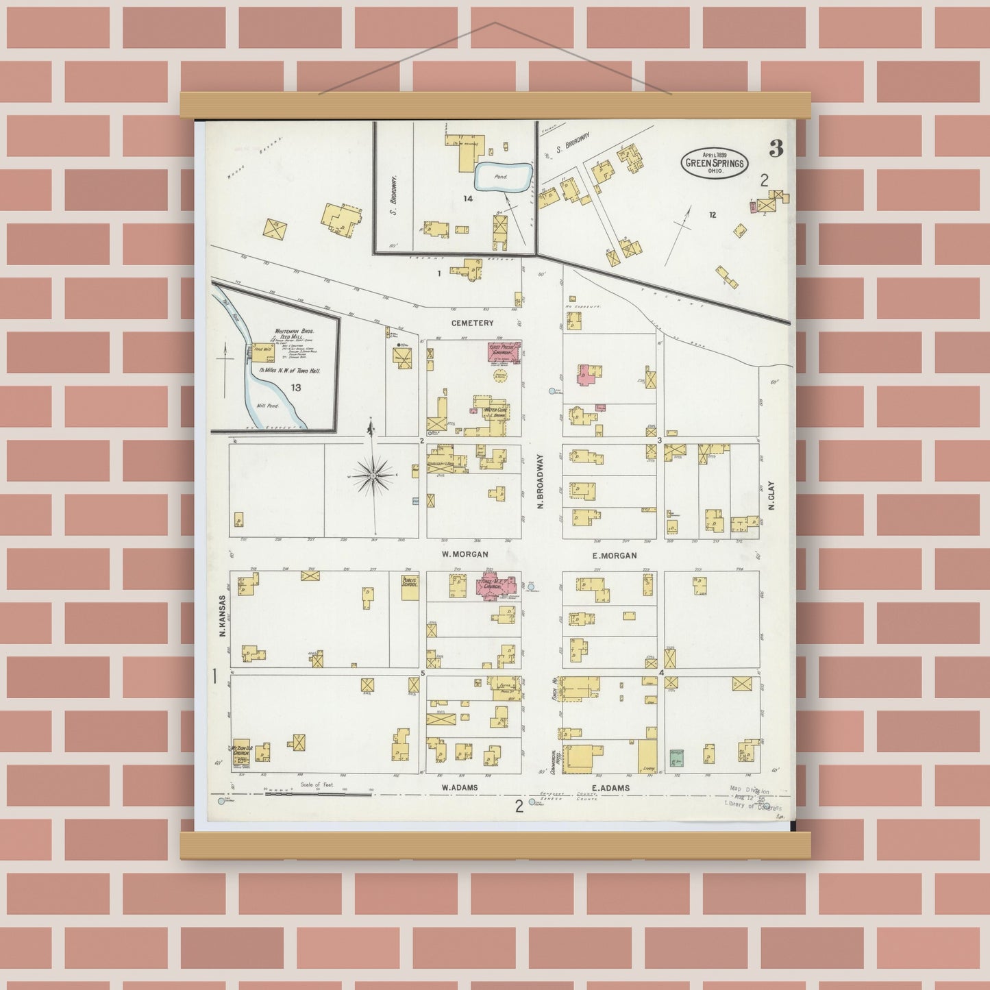 Old map wall art mockup — magnetic wood frame on brick wall — Sanborn Fire Insurance Map from Green Springs, Sandusky And Seneca Counties, Ohio (1899), Sheet #0003
