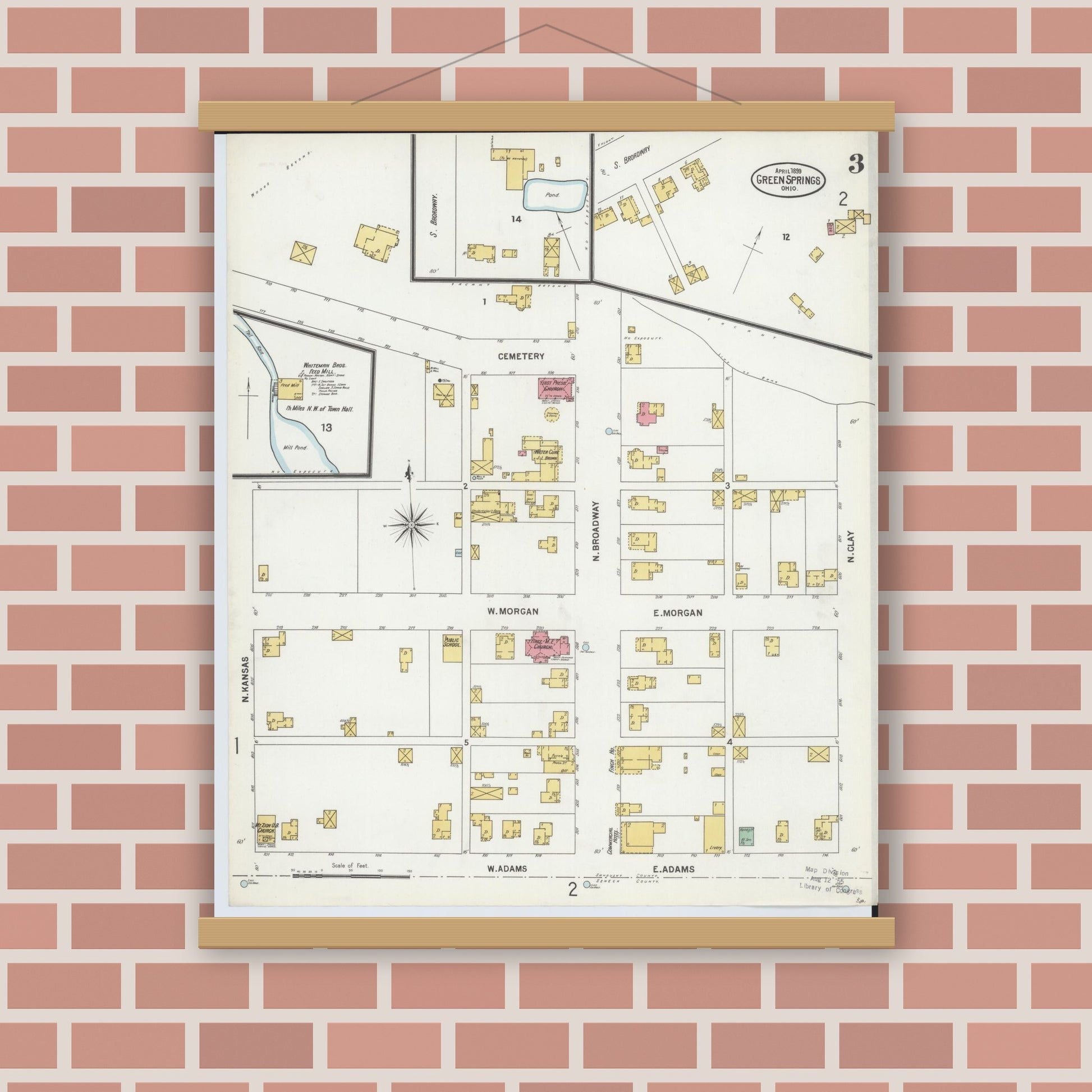 Old map wall art mockup — magnetic wood frame on brick wall — Sanborn Fire Insurance Map from Green Springs, Sandusky And Seneca Counties, Ohio (1899), Sheet #0003