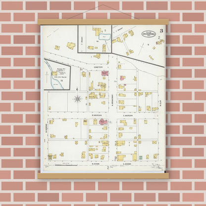Old map wall art mockup — magnetic wood frame on brick wall — Sanborn Fire Insurance Map from Green Springs, Sandusky And Seneca Counties, Ohio (1899), Sheet #0003