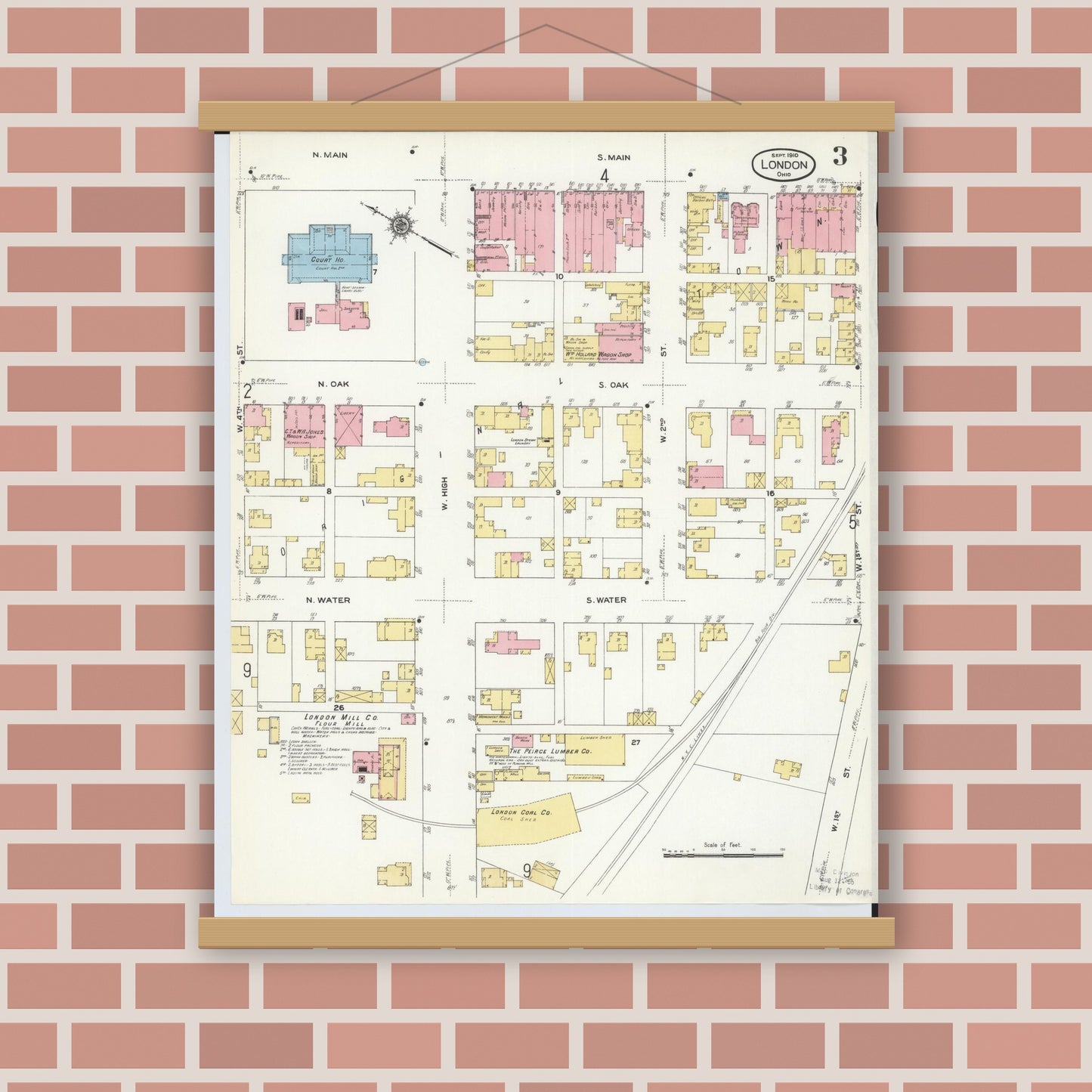 Old map wall art mockup — magnetic wood frame on brick wall — Sanborn Fire Insurance Map from London, Madison County, Ohio (1910), Sheet #0003