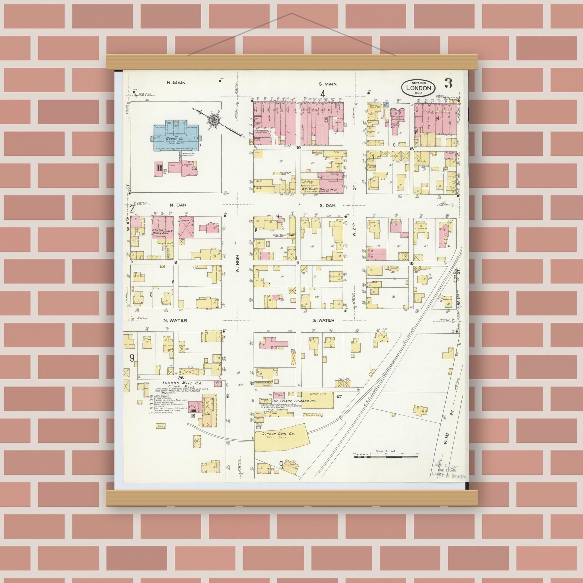 Old map wall art mockup — magnetic wood frame on brick wall — Sanborn Fire Insurance Map from London, Madison County, Ohio (1910), Sheet #0003