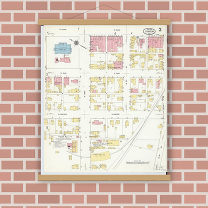 Old map wall art mockup — magnetic wood frame on brick wall — Sanborn Fire Insurance Map from London, Madison County, Ohio (1910), Sheet #0003