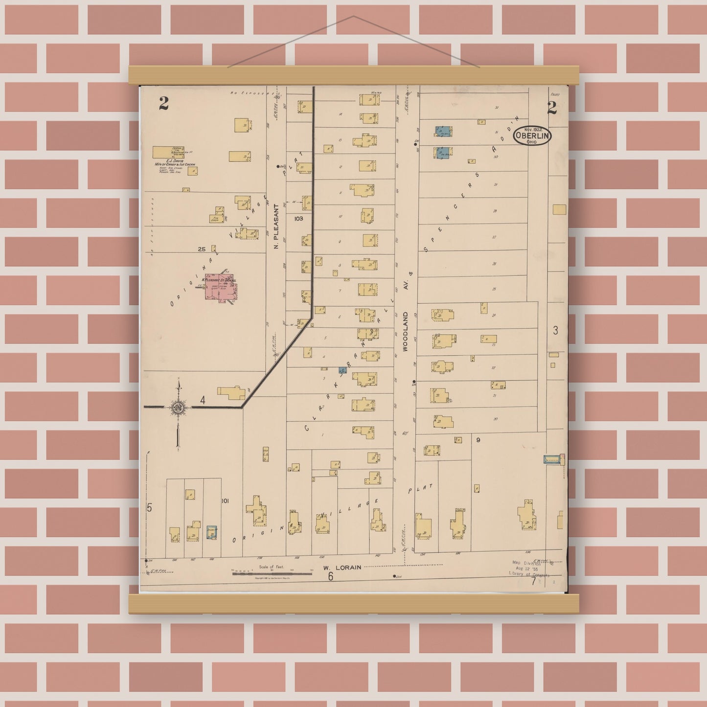 Old map wall art mockup — magnetic wood frame on brick wall — Sanborn Fire Insurance Map from Oberlin, Lorain County, Ohio (1922), Sheet #0002