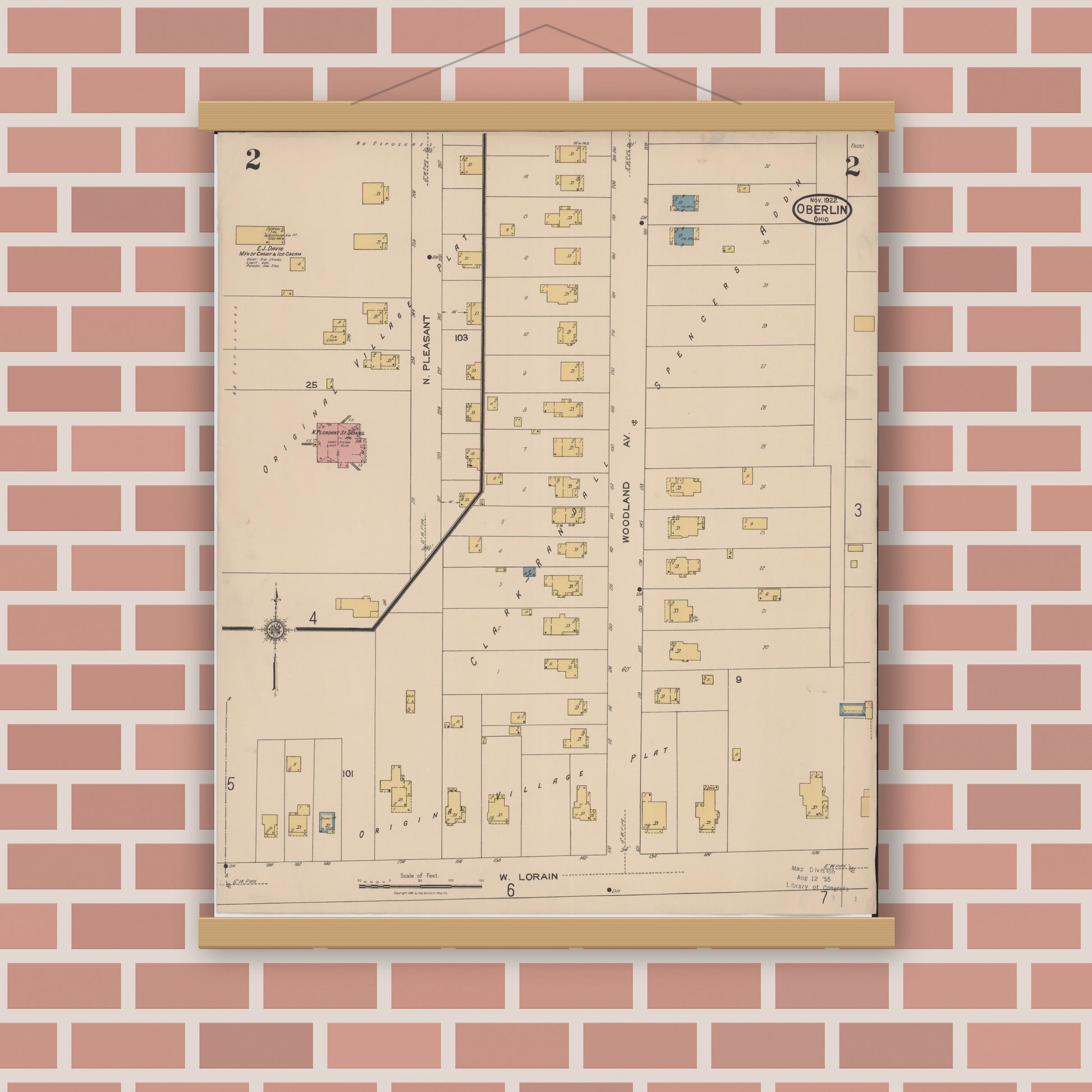 Old map wall art mockup — magnetic wood frame on brick wall — Sanborn Fire Insurance Map from Oberlin, Lorain County, Ohio (1922), Sheet #0002