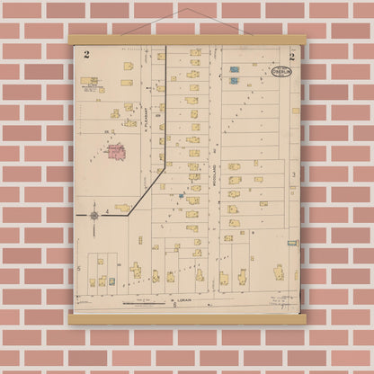 Old map wall art mockup — magnetic wood frame on brick wall — Sanborn Fire Insurance Map from Oberlin, Lorain County, Ohio (1922), Sheet #0002