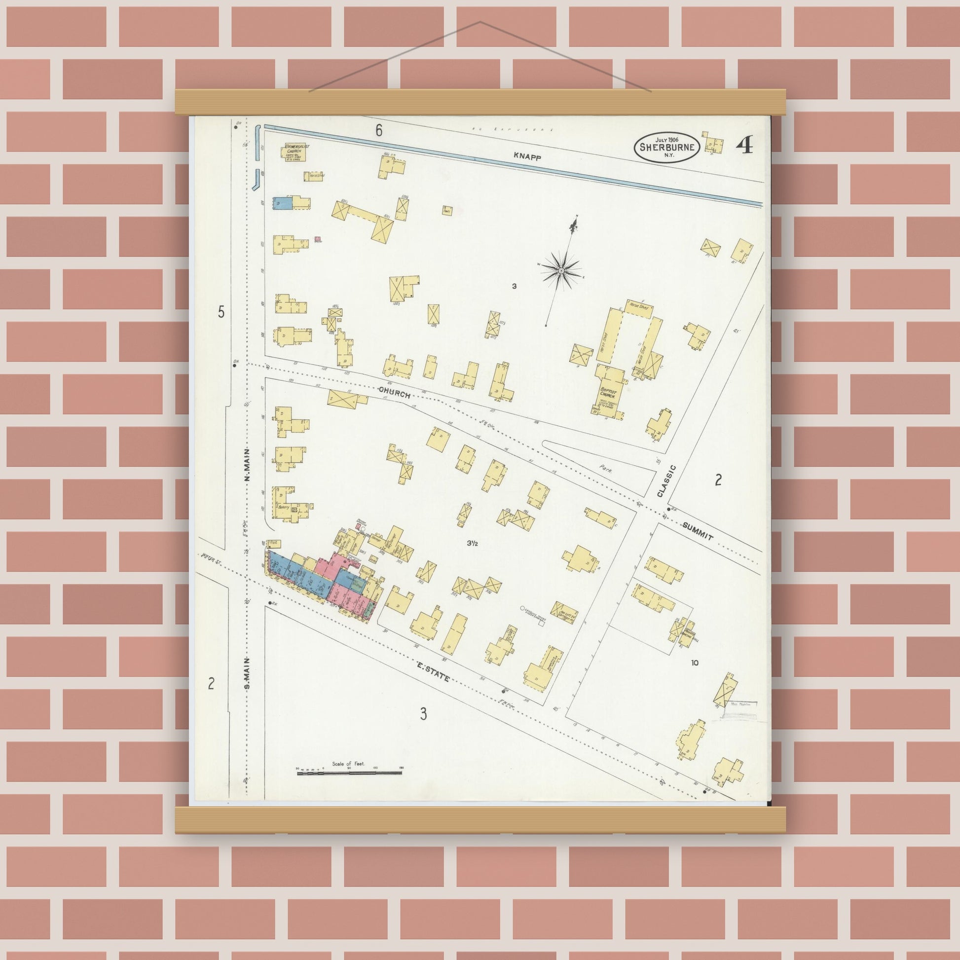Old map wall art mockup — magnetic wood frame on brick wall — Sanborn Fire Insurance Map from Sherburne, Chenango County, New York (1906), Sheet #0004