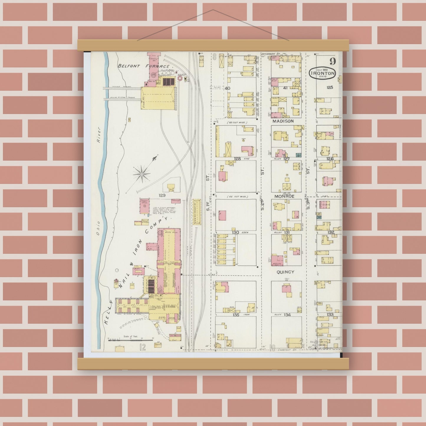 Old map wall art mockup — magnetic wood frame on brick wall — Sanborn Fire Insurance Map from Ironton, Lawrence County, Ohio (1893), Sheet #0009
